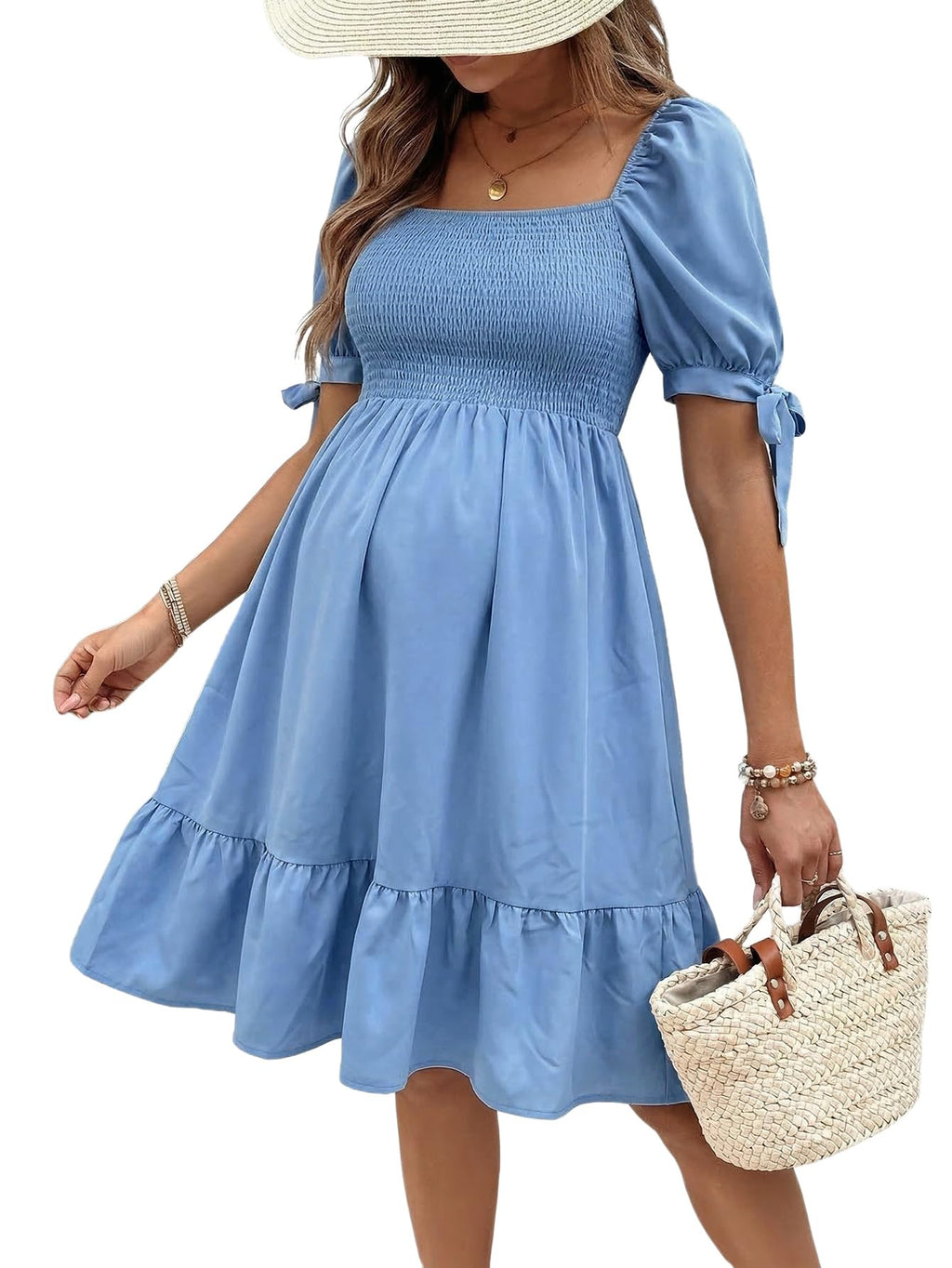 MakeMeChic Women's Maternity Dress Summer Beach Sundress Floral Puff Sleeve Baby Shower Dress
