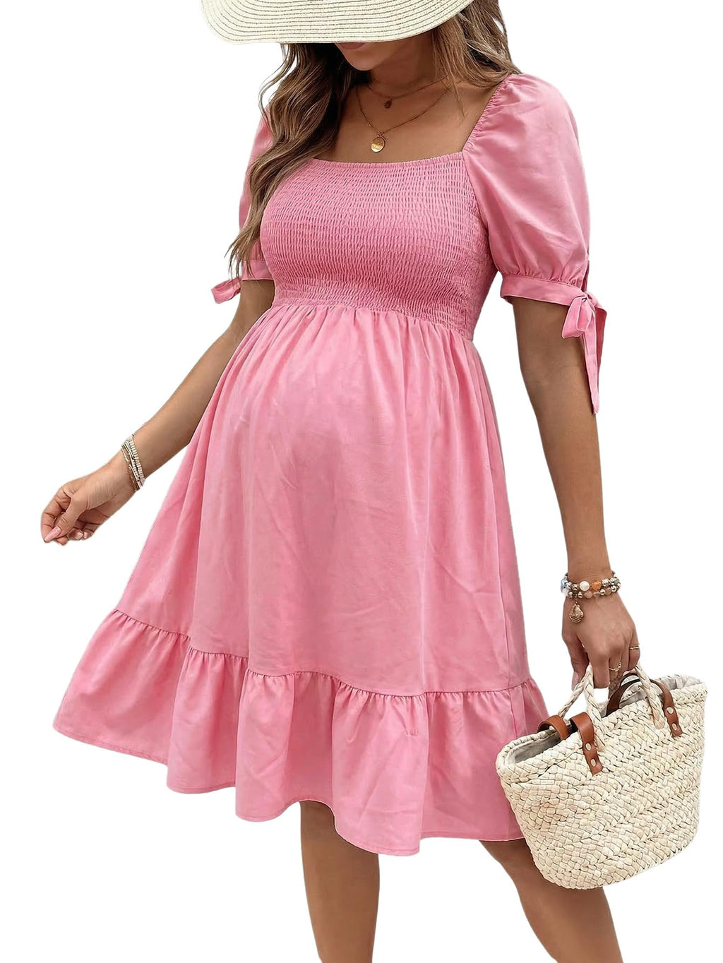 MakeMeChic Women's Maternity Dress Summer Beach Sundress Floral Puff Sleeve Baby Shower Dress