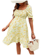 MakeMeChic Women's Maternity Dress Summer Beach Sundress Floral Puff Sleeve Baby Shower Dress