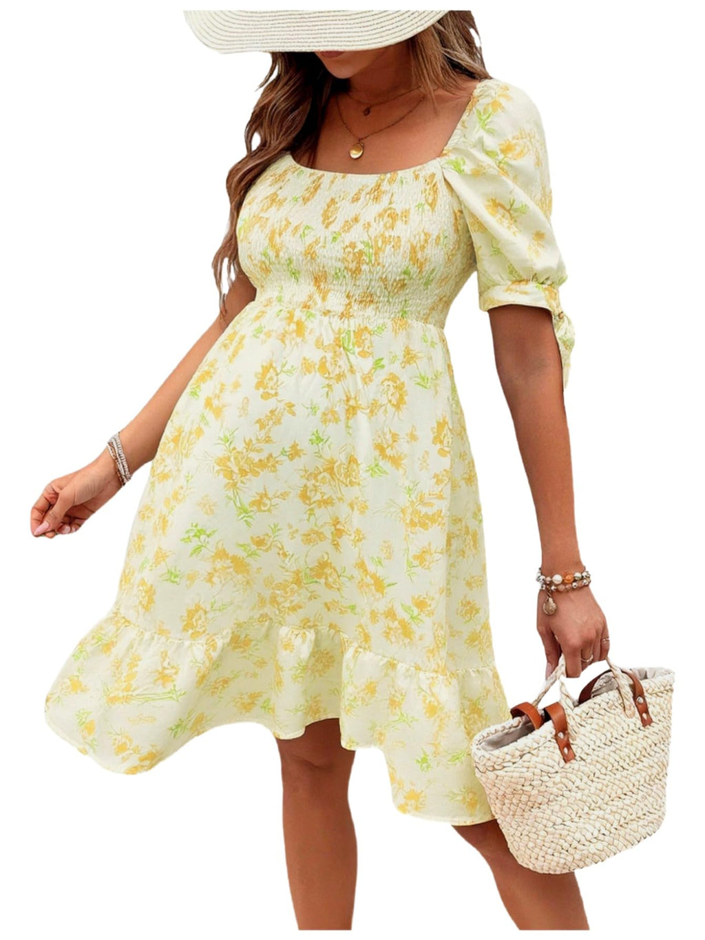 MakeMeChic Women's Maternity Dress Summer Beach Sundress Floral Puff Sleeve Baby Shower Dress