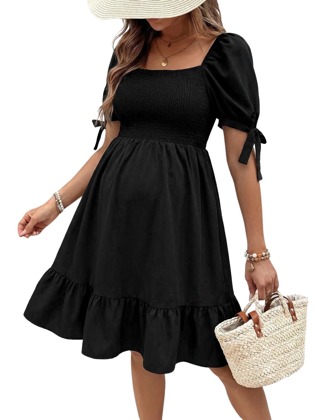 MakeMeChic Women's Maternity Dress Summer Beach Sundress Floral Puff Sleeve Baby Shower Dress