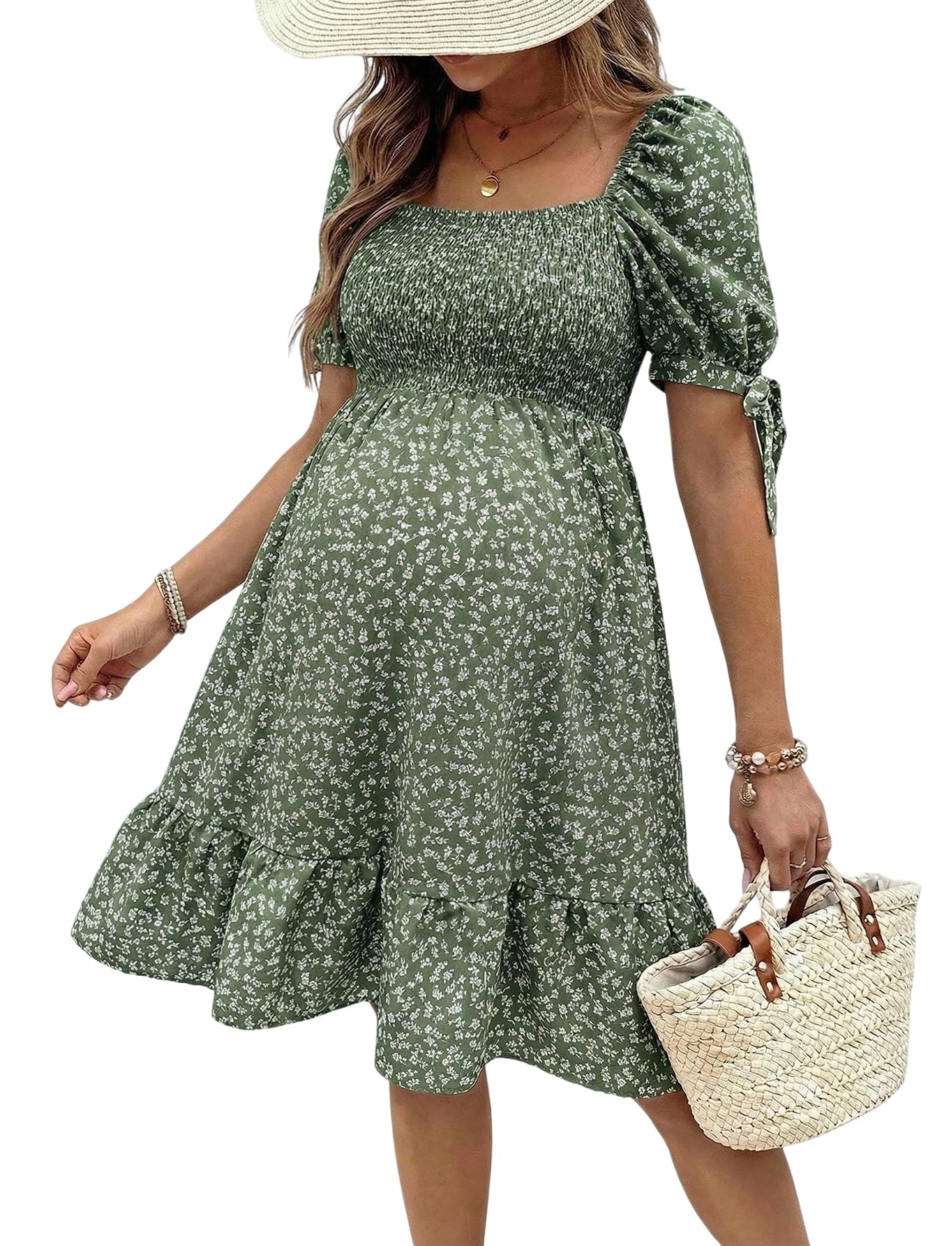 MakeMeChic Women's Maternity Dress Summer Beach Sundress Floral Puff Sleeve Baby Shower Dress