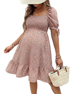 MakeMeChic Women's Maternity Dress Summer Beach Sundress Floral Puff Sleeve Baby Shower Dress