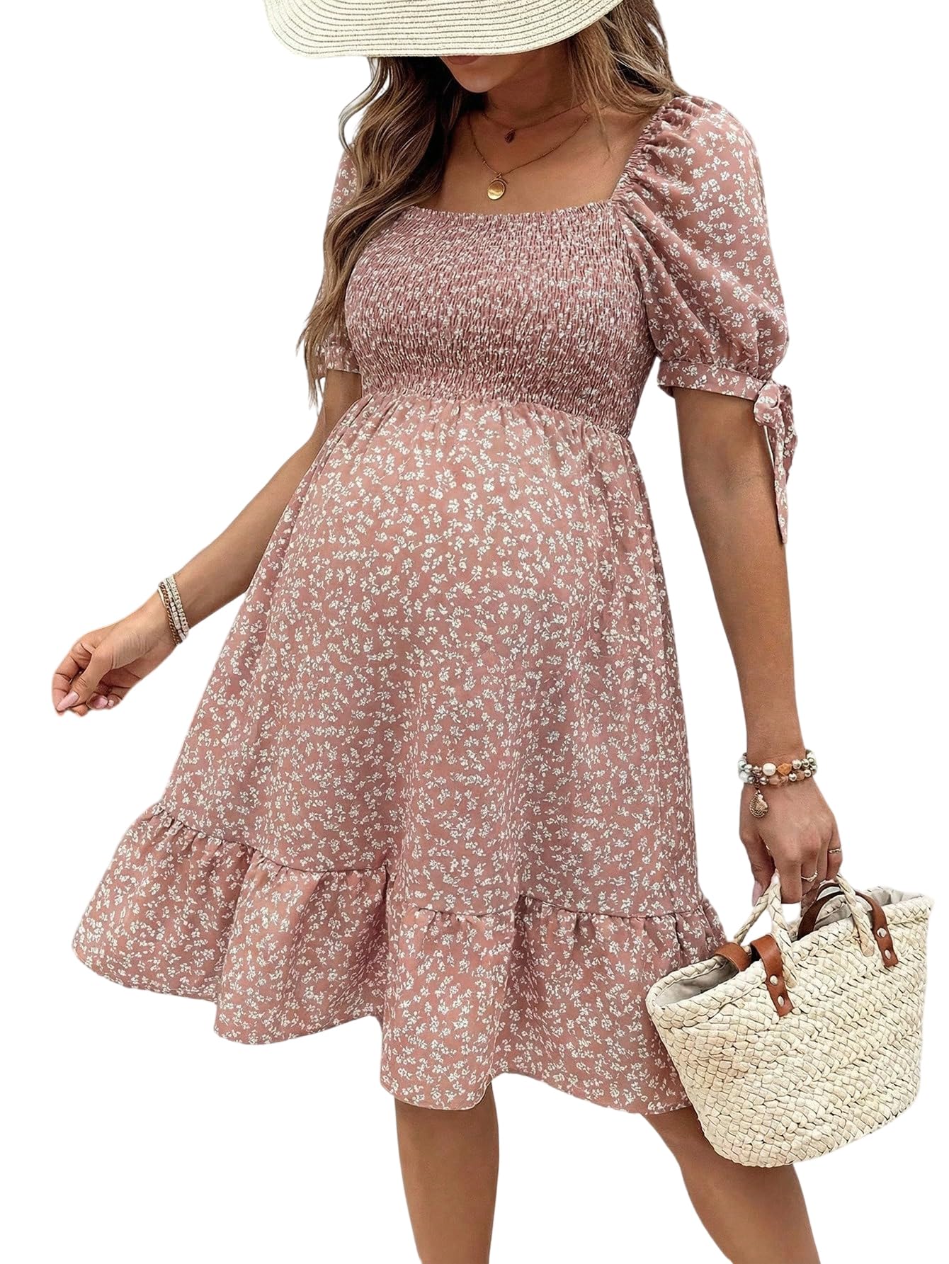 MakeMeChic Women's Maternity Dress Summer Beach Sundress Floral Puff Sleeve Baby Shower Dress
