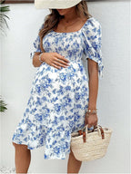MakeMeChic Women's Maternity Dress Summer Beach Sundress Floral Puff Sleeve Baby Shower Dress