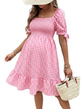 MakeMeChic Women's Maternity Dress Summer Beach Sundress Floral Puff Sleeve Baby Shower Dress