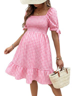 MakeMeChic Women's Maternity Dress Summer Beach Sundress Floral Puff Sleeve Baby Shower Dress