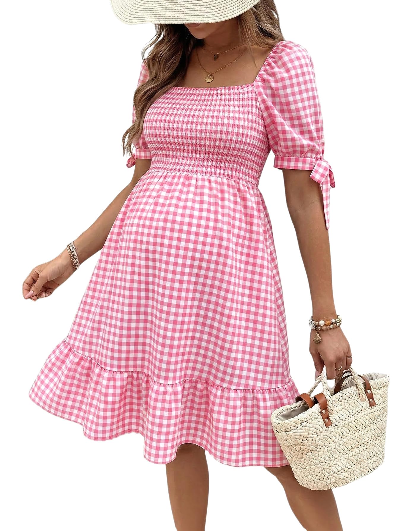 MakeMeChic Women's Maternity Dress Summer Beach Sundress Floral Puff Sleeve Baby Shower Dress