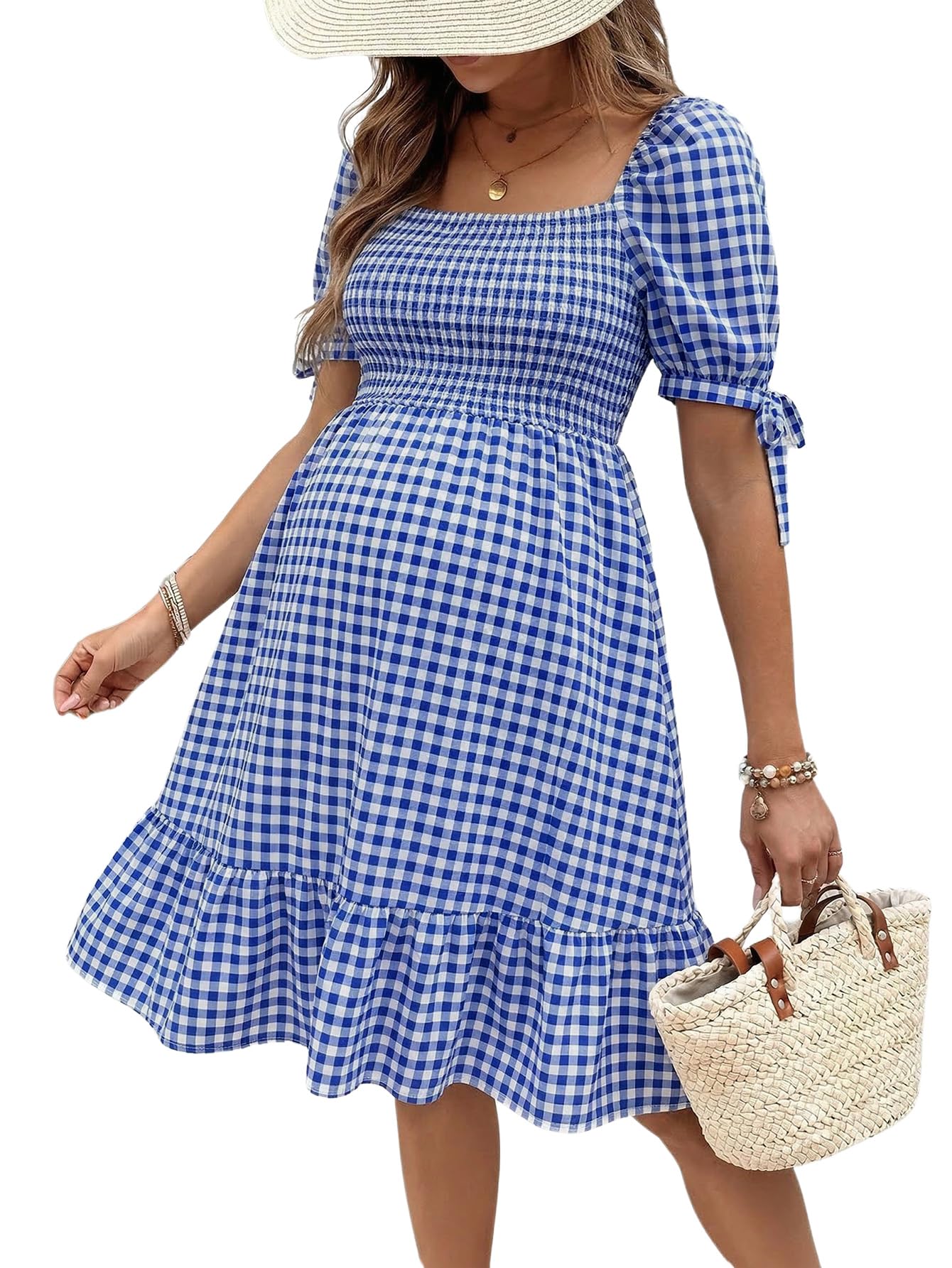 MakeMeChic Women's Maternity Dress Summer Beach Sundress Floral Puff Sleeve Baby Shower Dress