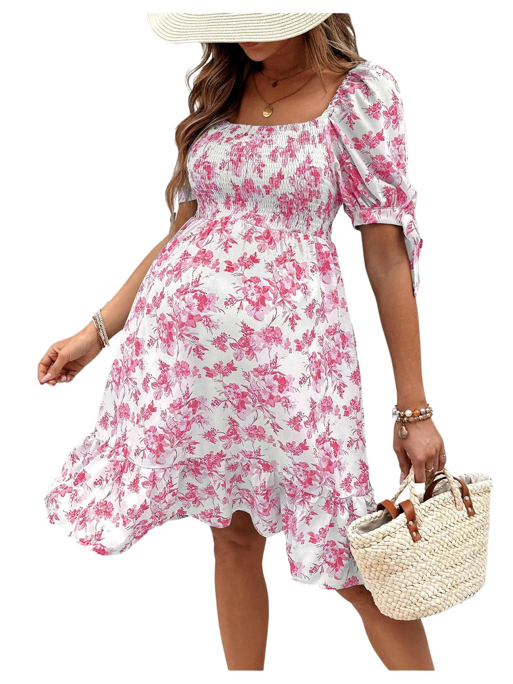 MakeMeChic Women's Maternity Dress Summer Beach Sundress Floral Puff Sleeve Baby Shower Dress