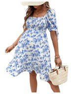 MakeMeChic Women's Maternity Dress Summer Beach Sundress Floral Puff Sleeve Baby Shower Dress