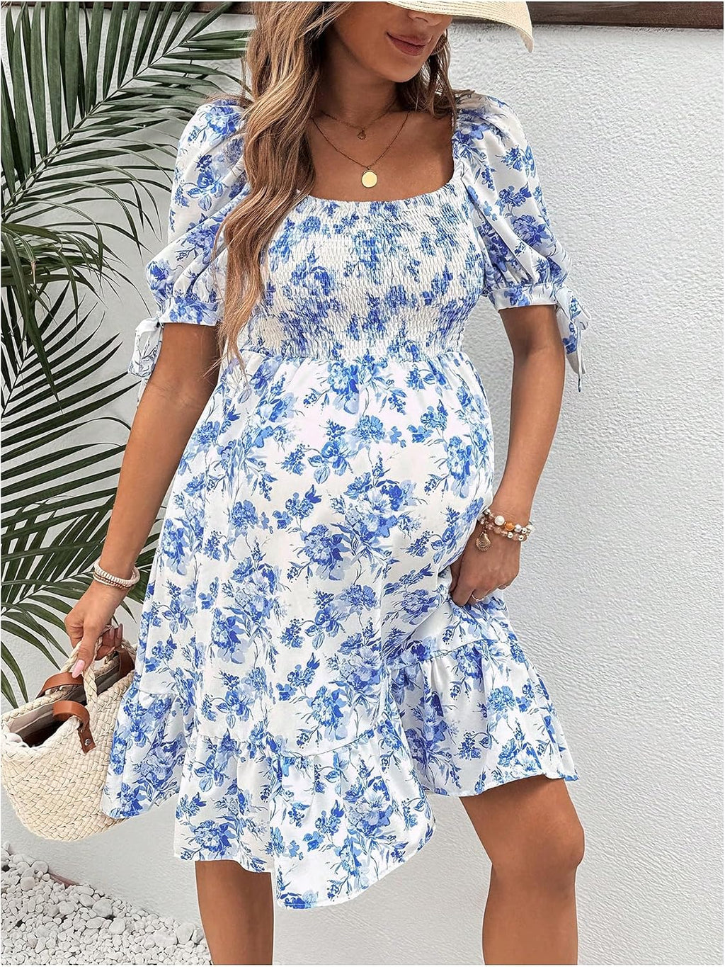 MakeMeChic Women's Maternity Dress Summer Beach Sundress Floral Puff Sleeve Baby Shower Dress