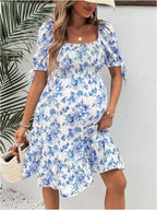 MakeMeChic Women's Maternity Dress Summer Beach Sundress Floral Puff Sleeve Baby Shower Dress