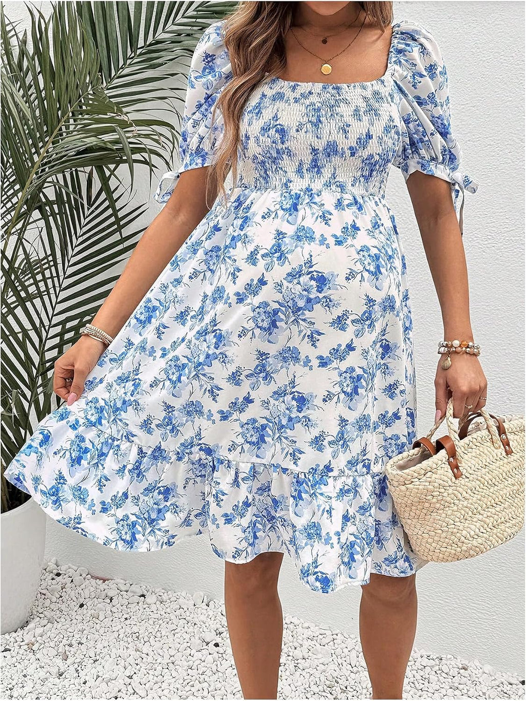 MakeMeChic Women's Maternity Dress Summer Beach Sundress Floral Puff Sleeve Baby Shower Dress