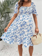 MakeMeChic Women's Maternity Dress Summer Beach Sundress Floral Puff Sleeve Baby Shower Dress