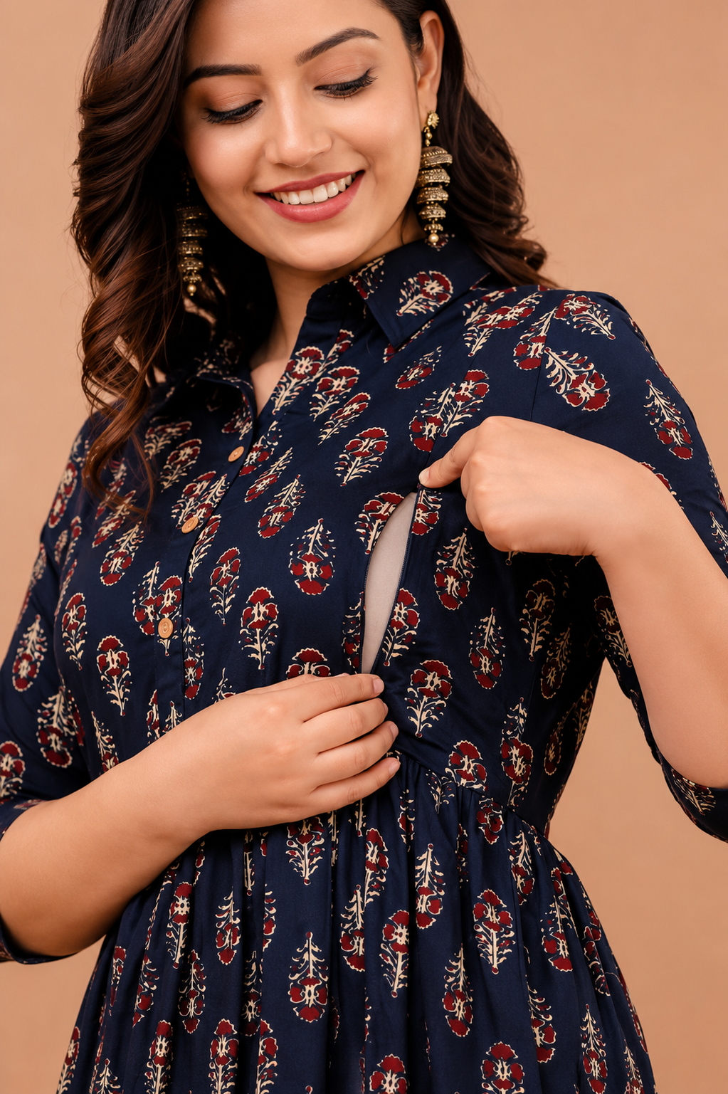 Aveniwear Women Maternity Floral Printed Pure Rayon Feeding Kurti Dress