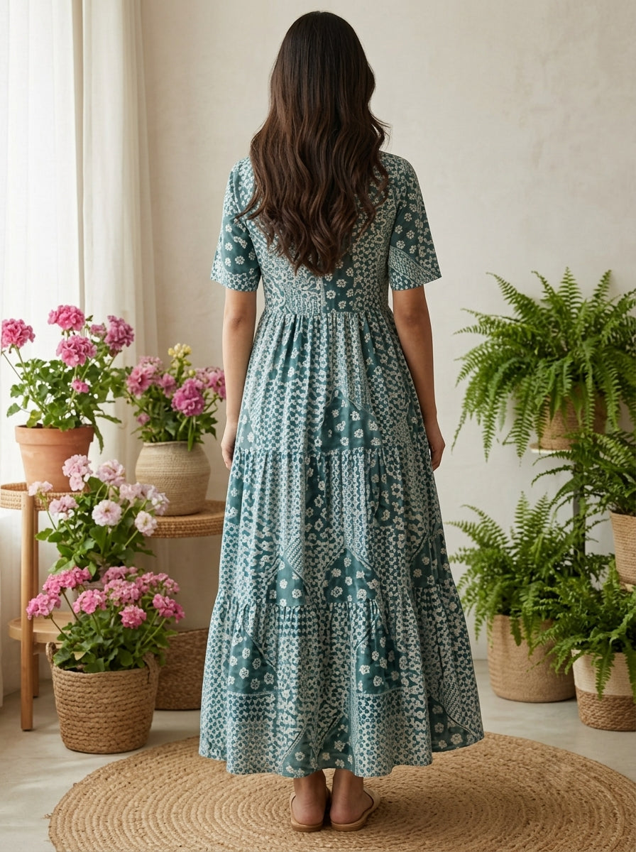 Aveniwear Women Teal Blue/Green Printed Cotton Maternity & Nursing Dress/Feeding Kurti