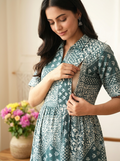 Aveniwear Women Teal Blue/Green Printed Cotton Maternity & Nursing Dress/Feeding Kurti