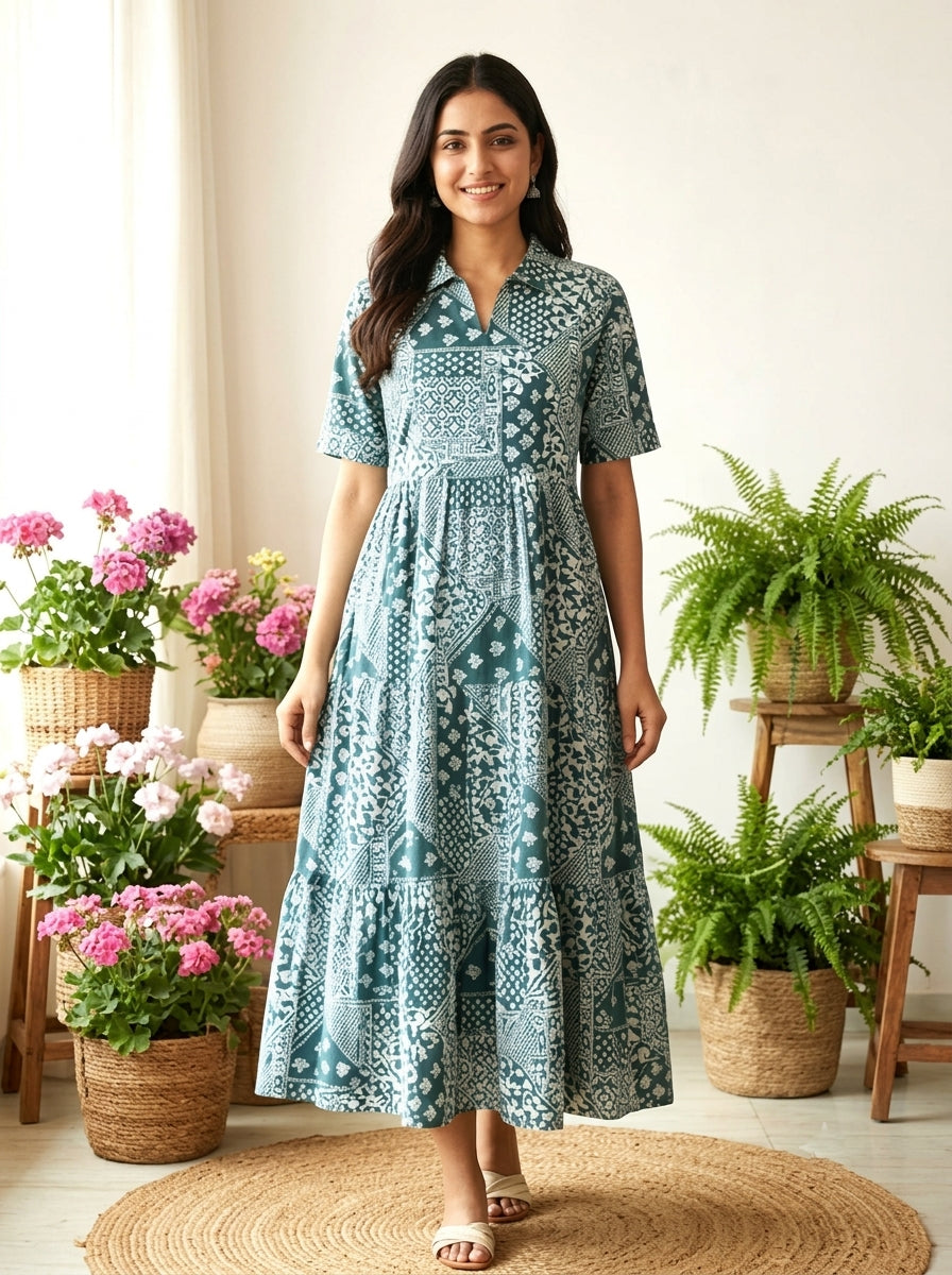 Aveniwear Women Teal Blue/Green Printed Cotton Maternity & Nursing Dress/Feeding Kurti