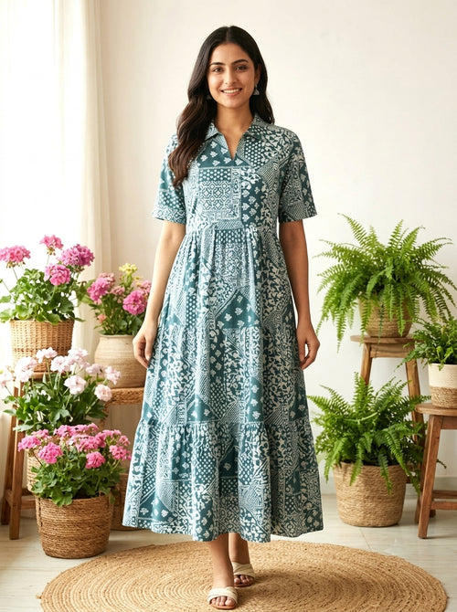 Aveniwear Women Teal Blue/Green Printed Cotton Maternity & Nursing Dress/Feeding Kurti